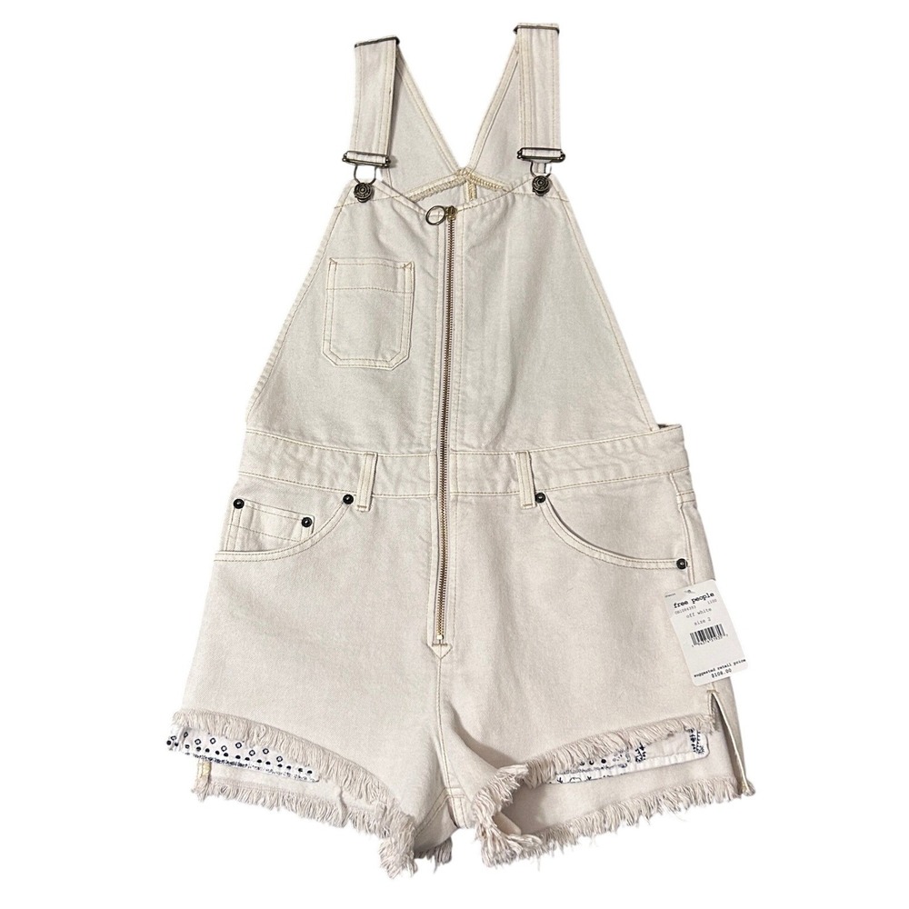 Free People We The Free Shortalls Women 2 White Denim Zip Front Overalls Shorts
